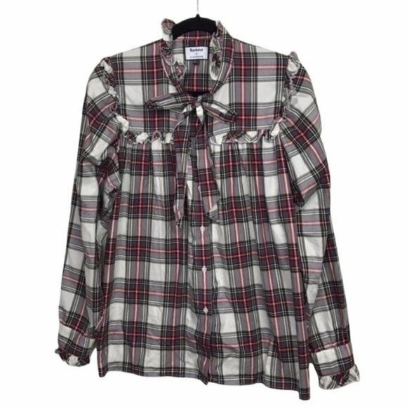 Barbour by Alexa Chung Bella Red Plaid Tie Neck Button Down Shirt US 8